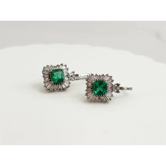 Art Deco Style Vintage Green CZ Sterling Silver Vintage Earrings - Picture 3 of 10